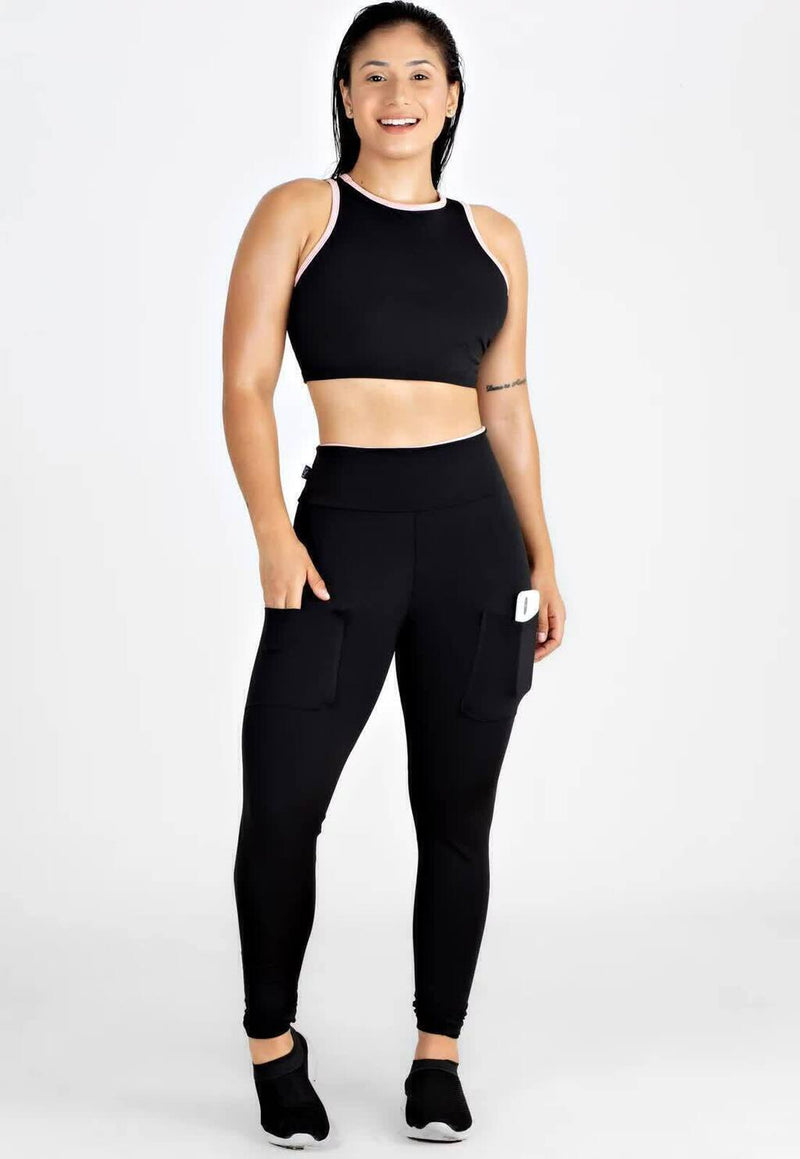 Conjunto Fitness Cropped + Calça Legging com Bolsos
