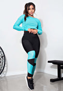 Conjunto Fitness Legging Preta + Cropped Telinha Azul Turquesa