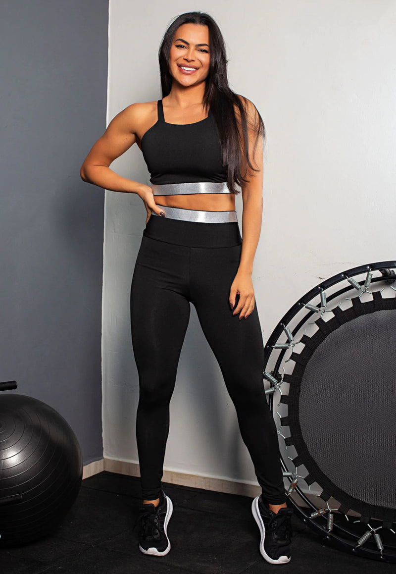 Conjunto Fitness Calça Legging Cintura Alta + Cropped Alcinha com Elásticos