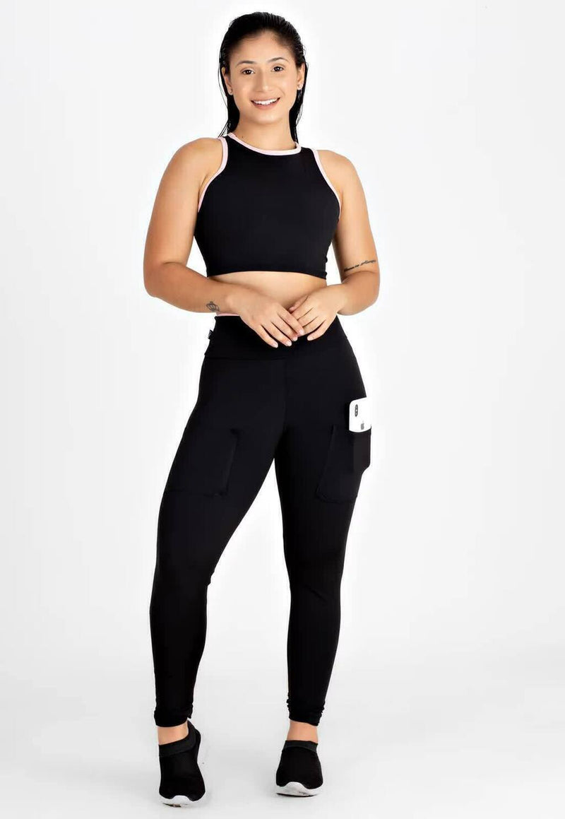 Conjunto Fitness Cropped + Calça Legging com Bolsos