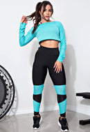 Conjunto Fitness Legging Preta + Cropped Telinha Azul Turquesa