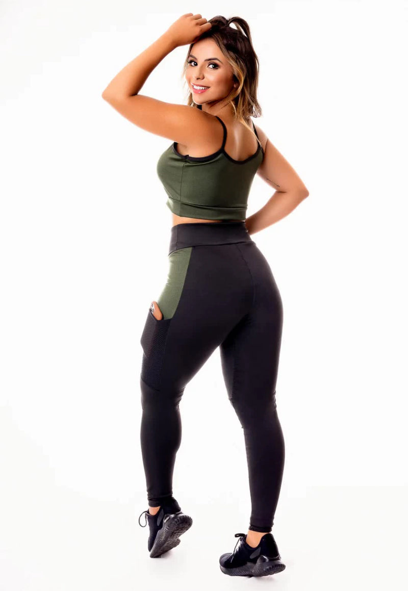 Conjunto Fitness Calça Legging com Bolso + Cropped Alcinha
