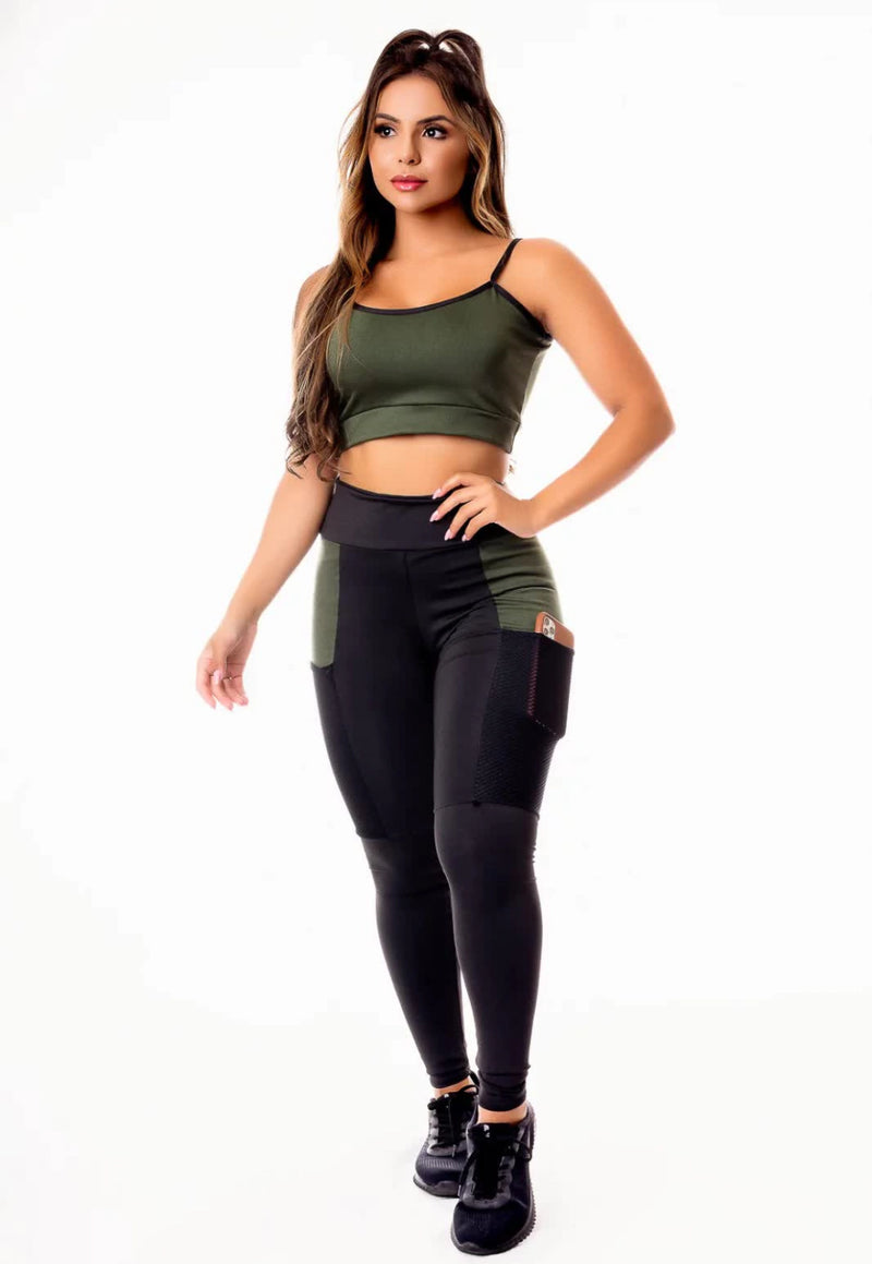Conjunto Fitness Calça Legging com Bolso + Cropped Alcinha